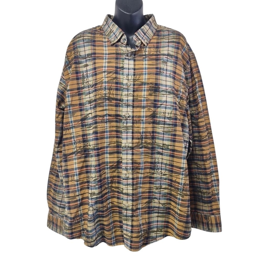 St. John's Bay Mountain Plaid Performance Button Down Shirt Orange Brown Size XL